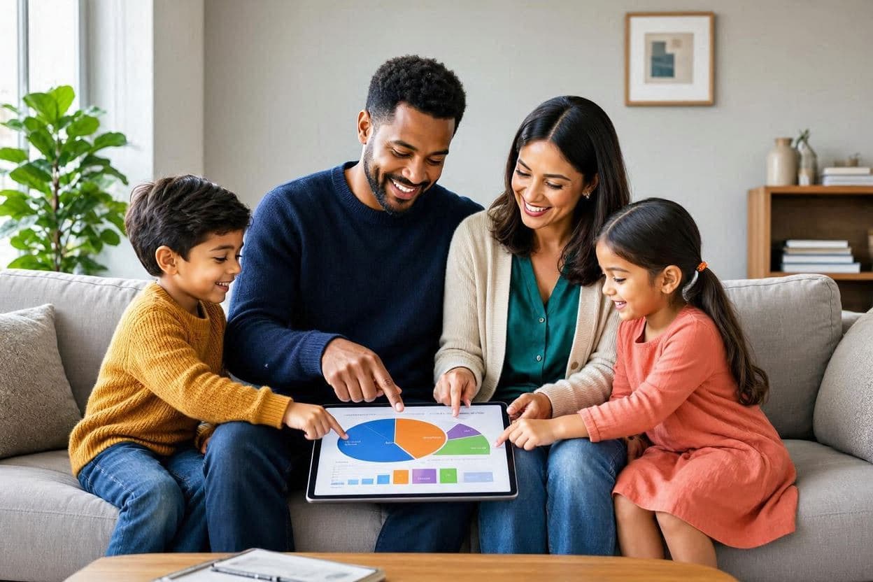A young family smiling together on their couch while reviewing colorful financial charts on a tablet